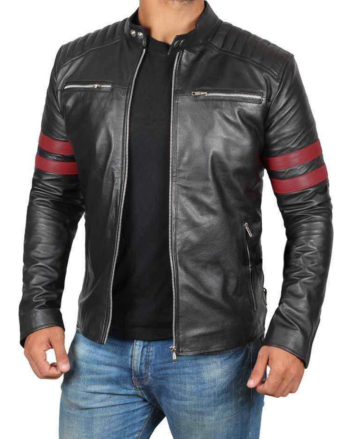 Mens Cafe Racer Red Strip Black Real Leather Jacket-thejacketsshop